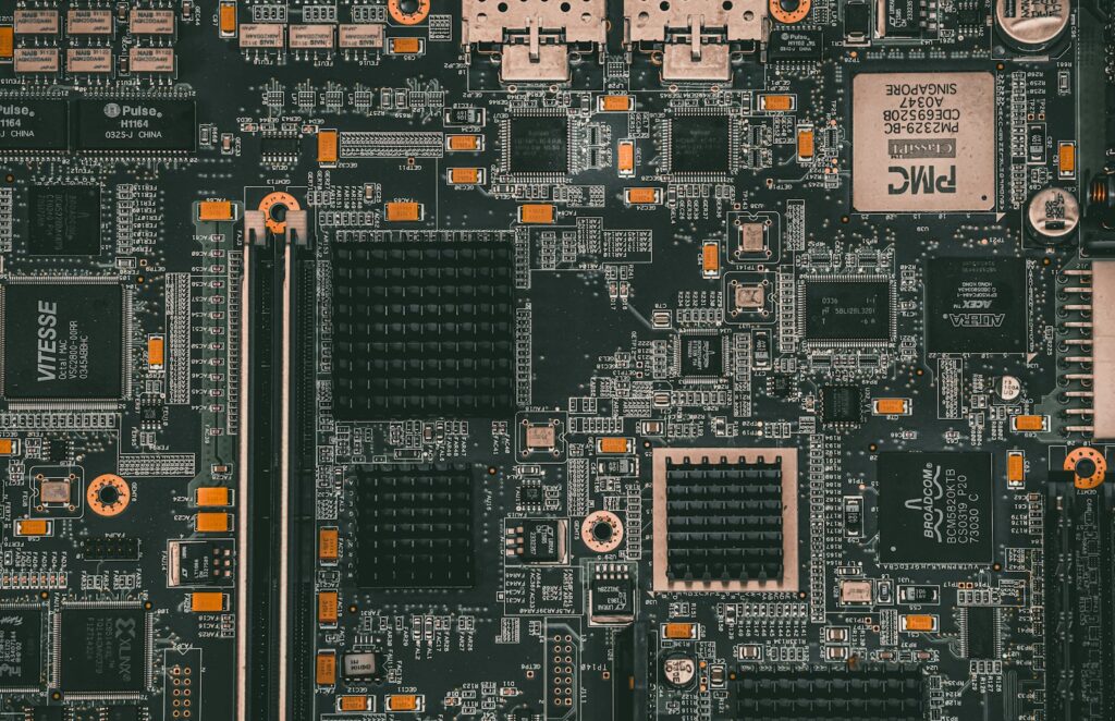 Close-up view of a complex electronic circuit board